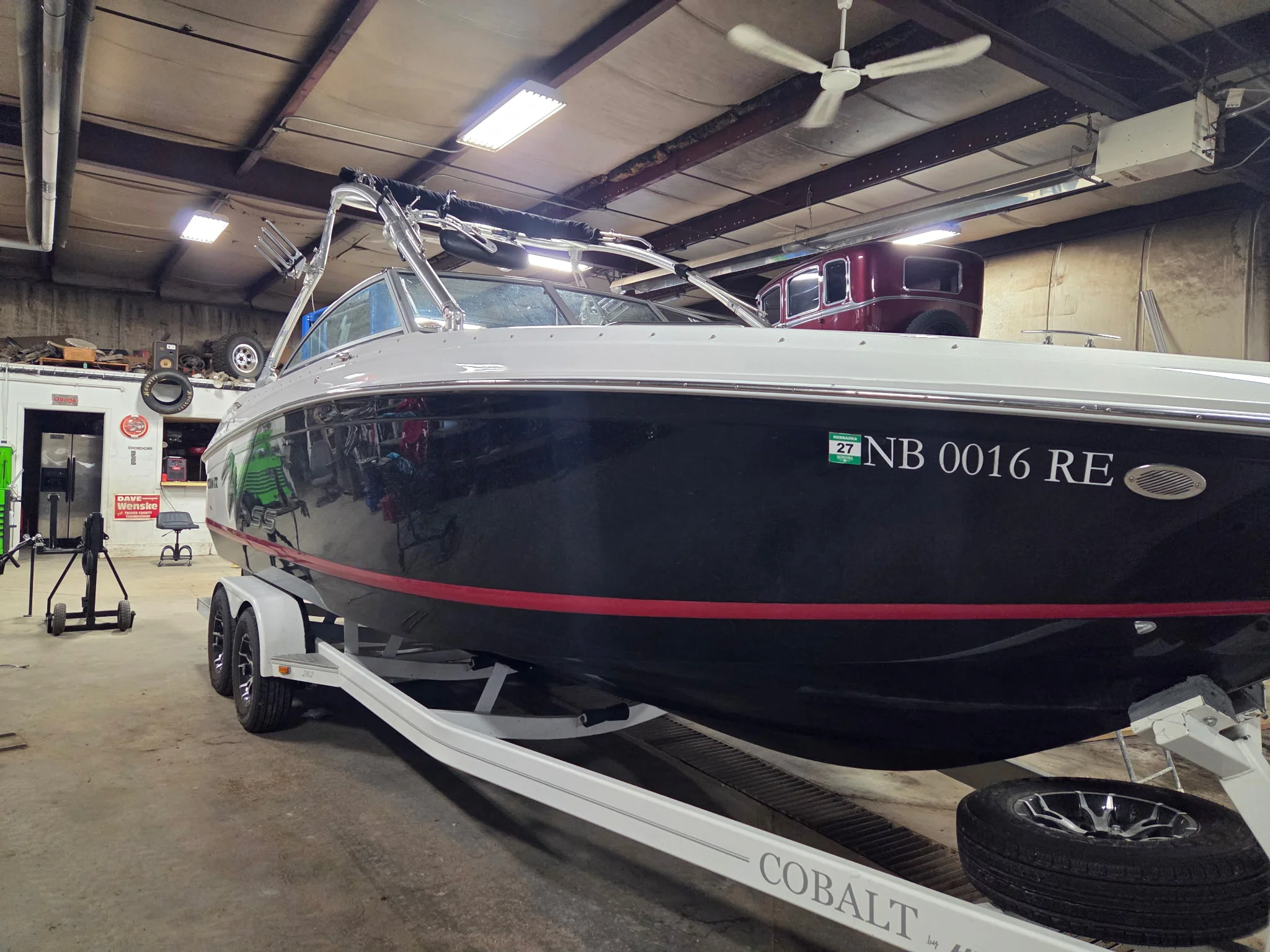 Cobalt boat detailed and shining in the shop